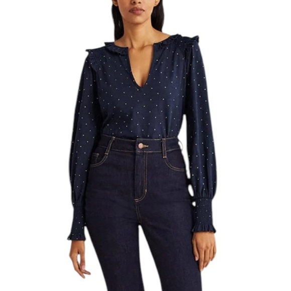 NEW BODEN Notch Neck Smocked Frill Top 8 Navy Gold Foil Dots Cotton Long Sleeve - Picture 1 of 16